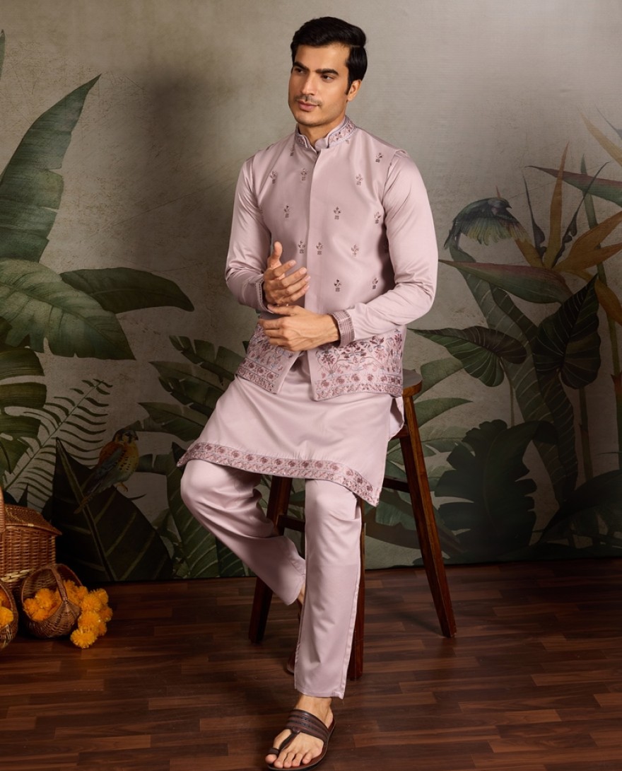 61102-PINK - Dusty Pink Embroidered Kurta Set for Men